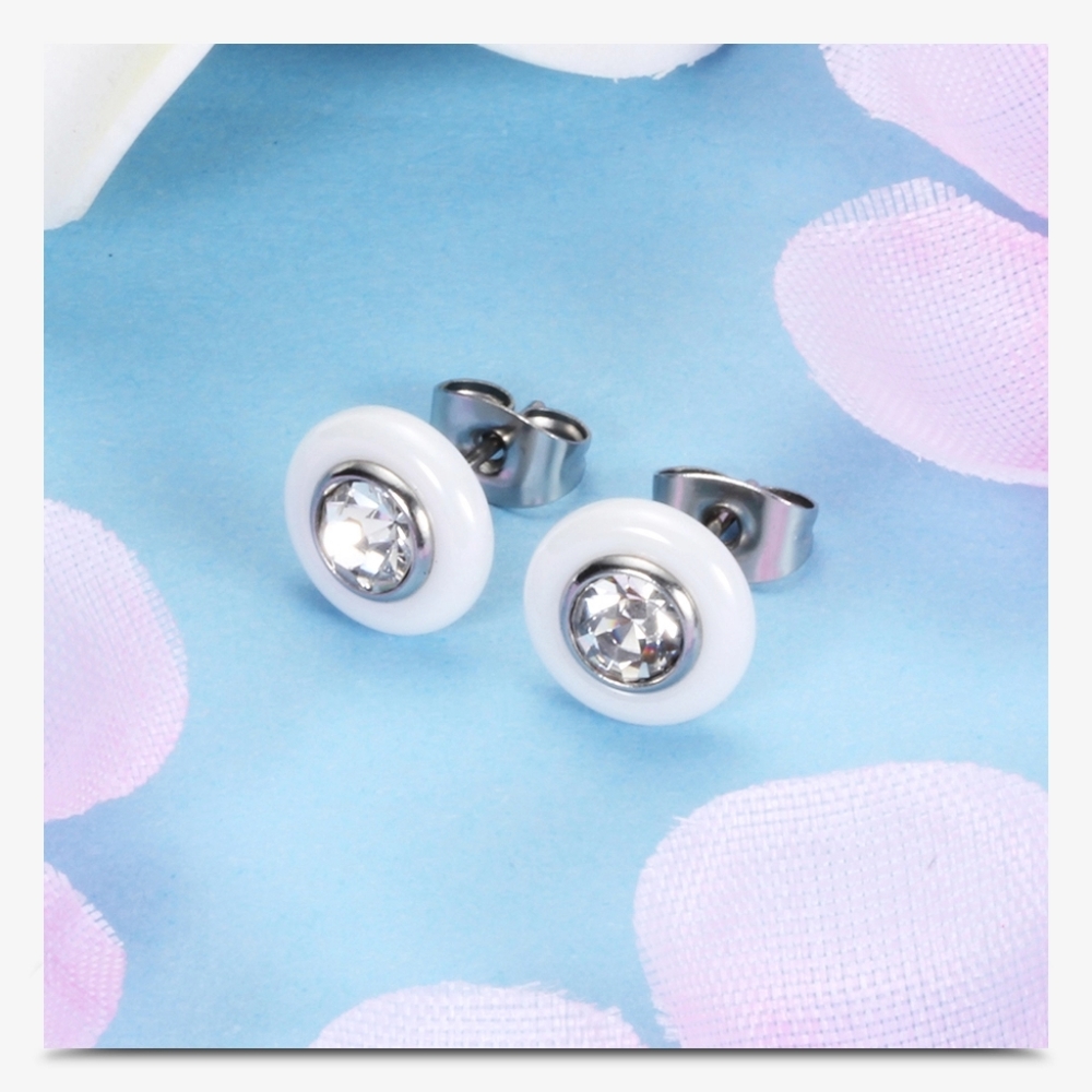 NEW White Solitaire Diamond Ceramic Stud Earrings - Picture 7 of 8